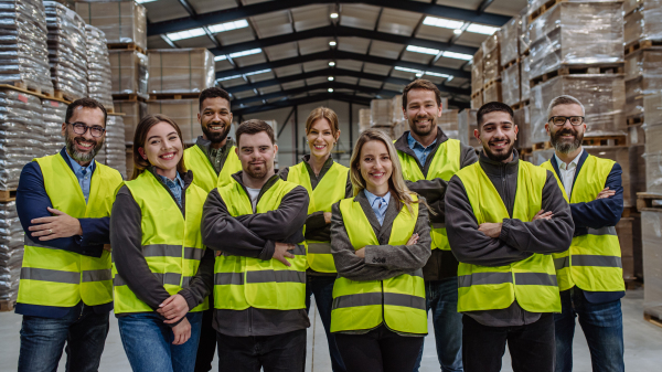 Full team of warehouse employees standing in warehouse. Team of workers, managers and female director in modern industrial factory, heavy industry, manufactrury. Group portrait.