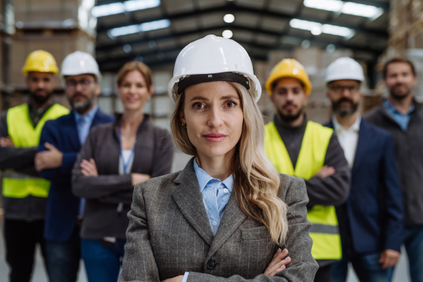 Full team of warehouse employees standing in warehouse. Team of workers, managers and female director in modern industrial factory, heavy industry, manufactrury. Group portrait.