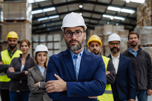 Full team of warehouse employees standing in warehouse. Team of workers, managers and male director in modern industrial factory, heavy industry, manufactrury. Group portrait.