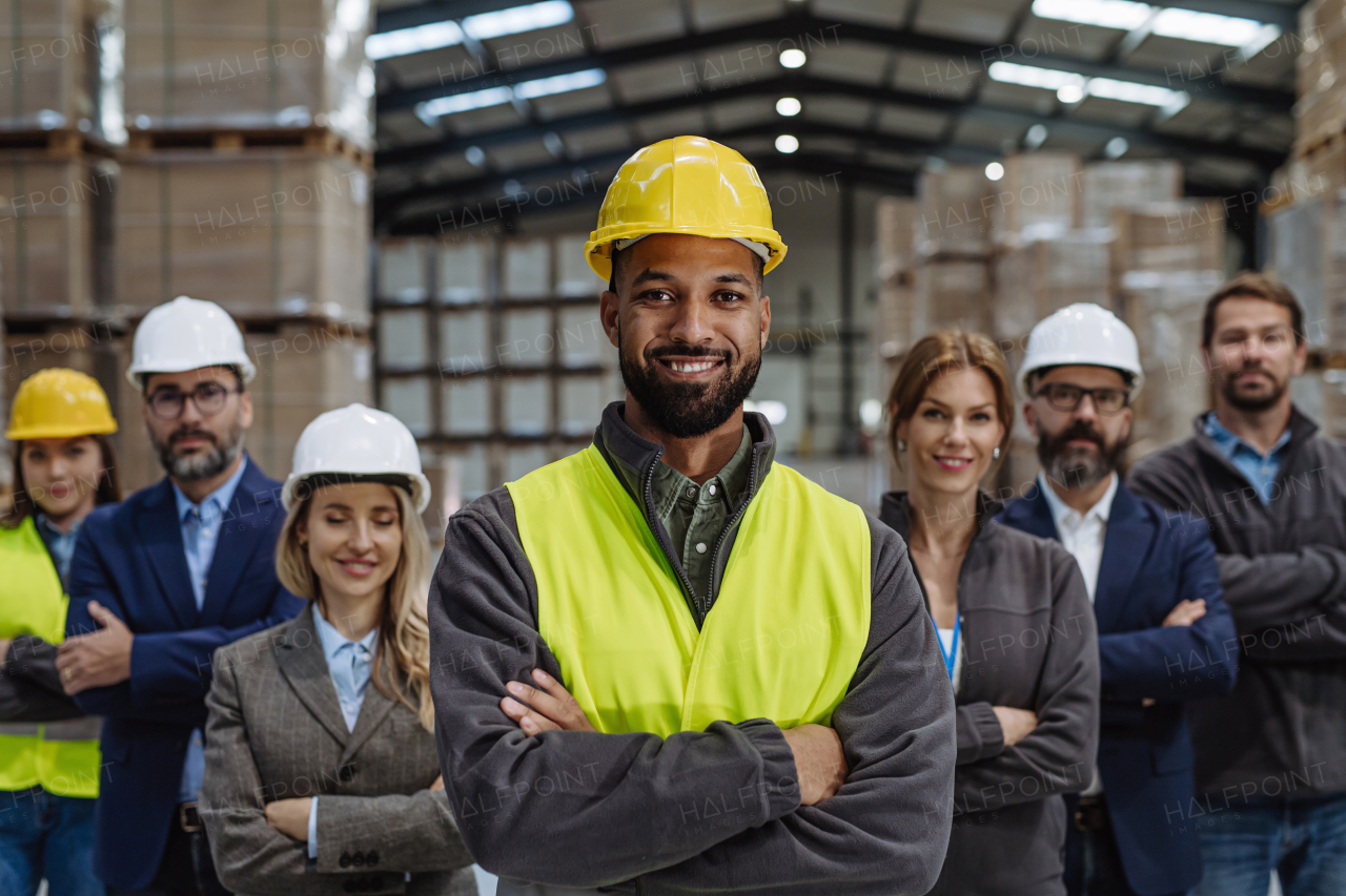 Full team of warehouse employees standing in warehouse. Team of workers, managers and female director in modern industrial factory, heavy industry, manufactrury. Group portrait.