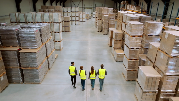 Top view of full team of warehouse employees walking in warehouse. Team of workers, managers and female director in modern industrial factory, heavy industry, manufactrury. Group portrait.