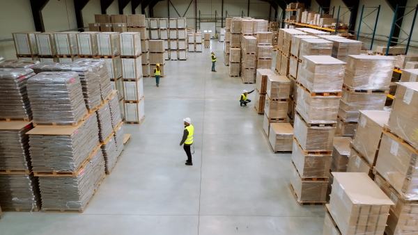 Top view of full team of warehouse employees walking in warehouse. Team of workers, managers and female director in modern industrial factory, heavy industry, manufactrury. Group portrait.