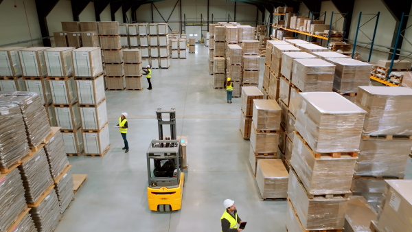 Top view of full team of warehouse employees walking in warehouse. Team of workers, managers and female director in modern industrial factory, heavy industry, manufactrury. Group portrait.