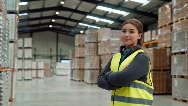 Video of female warehouse worker standing in warehouse. Warehouse manager checking delivery, stock in warehouse, inspecting products for shipment.