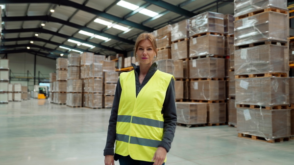 Video of female warehouse worker standing in warehouse. Warehouse manager checking delivery, stock in warehouse, inspecting products for shipment.