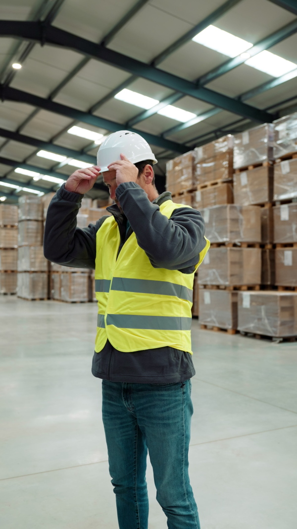 Video of male warehouse worker standing in warehouse. Warehouse employee putting on a working helmet. Vertical view.