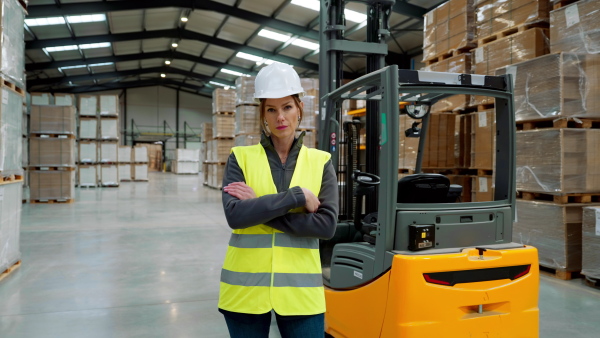 Video of female warehouse worker standing by forklift. Warehouse manager checking delivery, stock in warehouse, inspecting products for shipment.