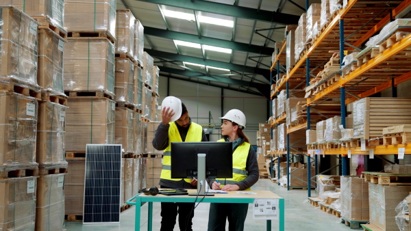 Warehouse manager talking with logistics employee in warehouse, planning transport of products, goods, talking shipping process.