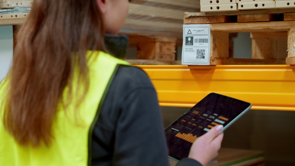 Female warehouse worker holding scanner and scanning the barcodes on products in warehouse. Warehouse manager using warehouse scanning system.