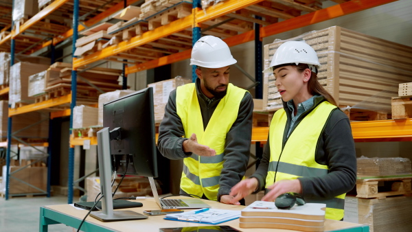 Warehouse manager talking with logistics employee in warehouse, planning transport of products, goods, talking shipping process.