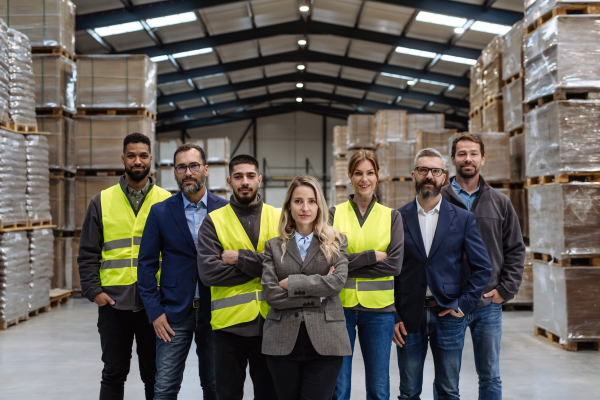 Full team of warehouse employees standing in warehouse. Team of workers, managers and female director in modern industrial factory, heavy industry, manufactrury.