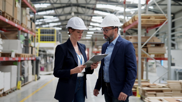 A female director and male supervisor standing in modern industrial factory, talking about production. Team management in manufacturing facility