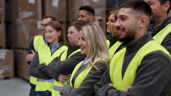 Full team of warehouse employees standing in warehouse. Team of workers in modern industrial factory, heavy industry, manufactrury.