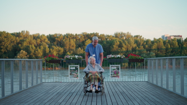 A male caregiver with elderly patient on wheelchair. Geriatric nurse accompany lovely elderly woman on outdoor walk, looking at river.