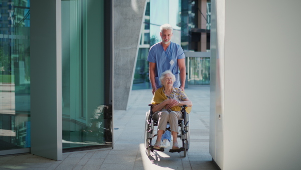 A male caregiver taking elderly patient on wheelchair stroll in the city. Geriatric nurse pushing wheelchair with lovely elderly woman.