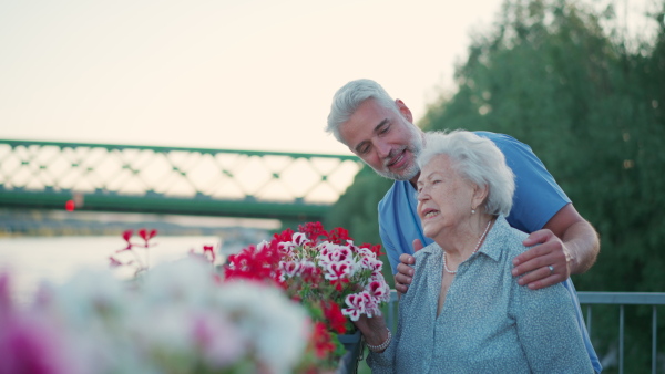 A video of smiling male caregiver with elderly patient, looking at river. Geriatric nurse taking senior in wheelchair on stroll in the city.