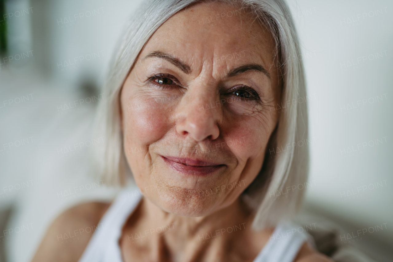 Portrait of beautiful mature woman with gray hair and soft smile, looking at camera.