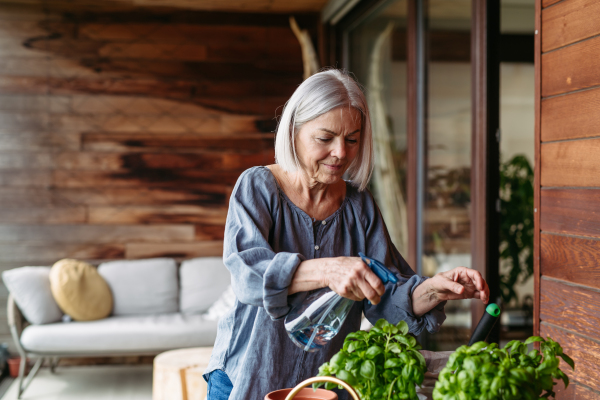 Portrait of beautiful mature woman taking care of plants, herbs on balcony. Spending free weekend at home, stay in.