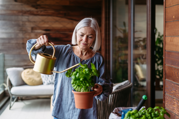 Portrait of beutiful mature woman taking care of plants on balcony. Spending free weekend at home, stay in.