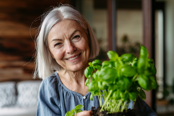 Portrait of beautiful mature woman taking care of plants, herbs on balcony. Spending free weekend at home, stay in.