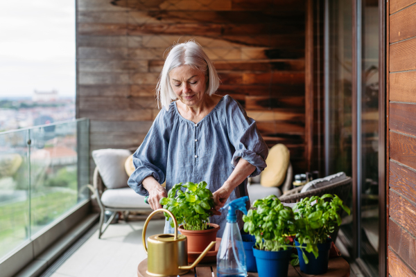 Portrait of beautiful mature woman taking care of plants, herbs on balcony. Spending free weekend at home, stay in.