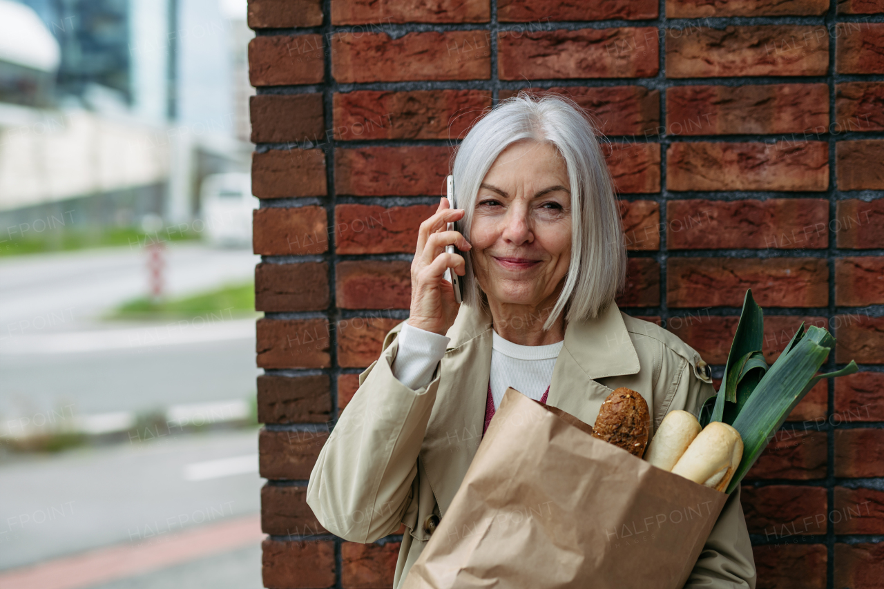 Mature woman making phone call, going home from supermaket with a gorceries. Beautiful older woman with gray hair standing on city street.