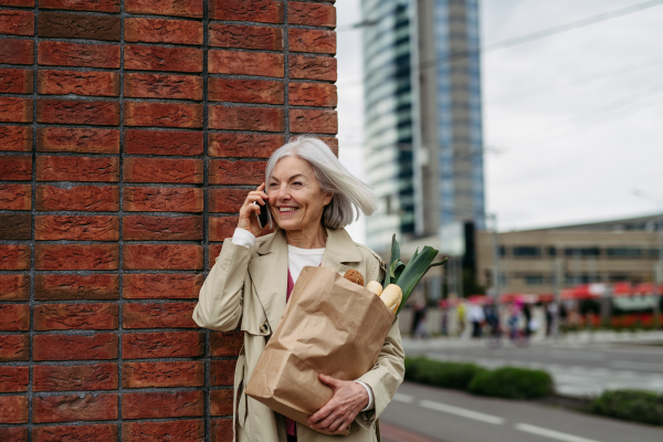 Mature woman making phone call, going home from supermaket with a gorceries. Beautiful older woman with gray hair standing on city street.