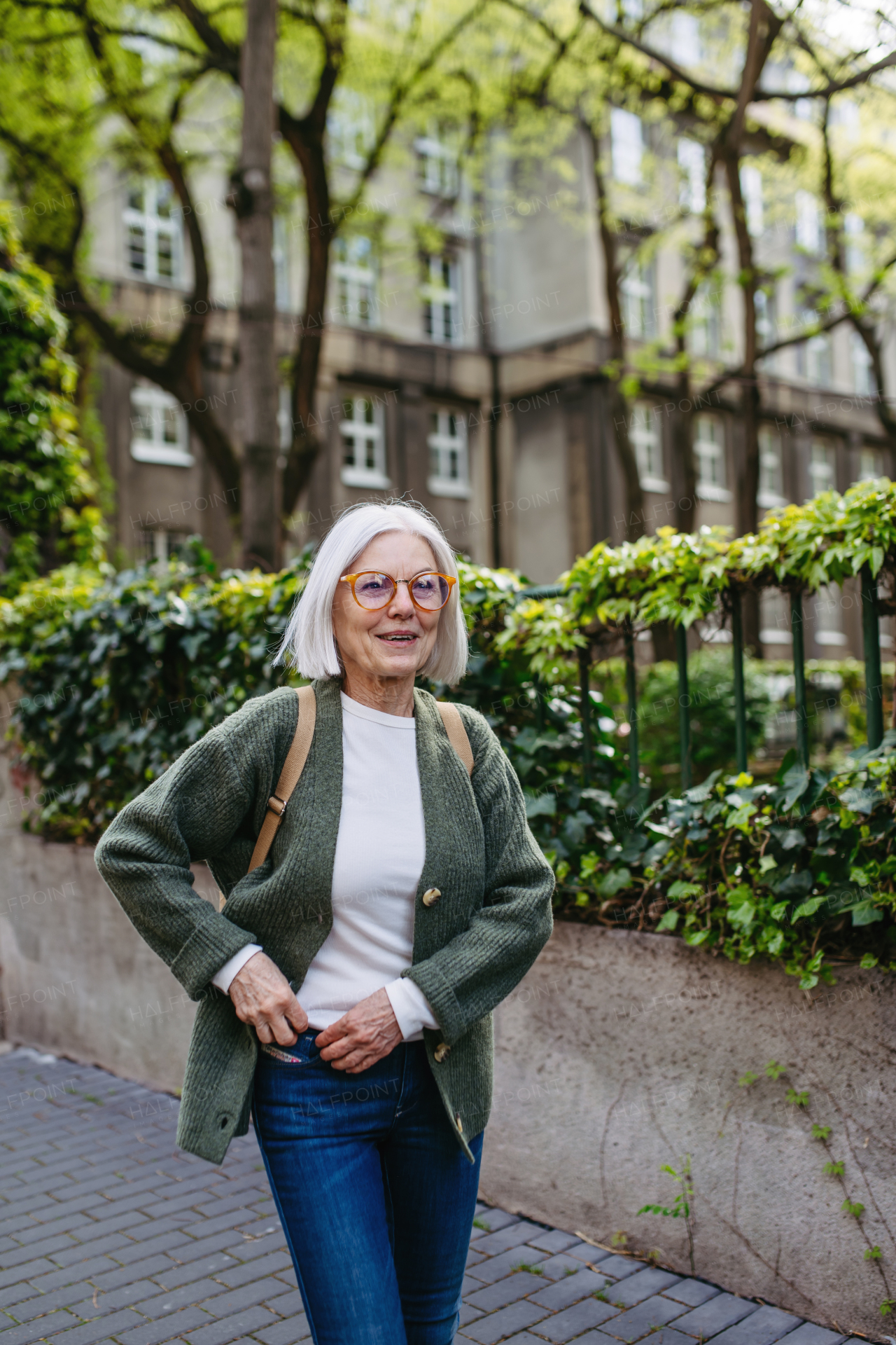 Portrait of stylish mature woman with gray hair on a city street, enjoying beautiful weater during free weekend day.