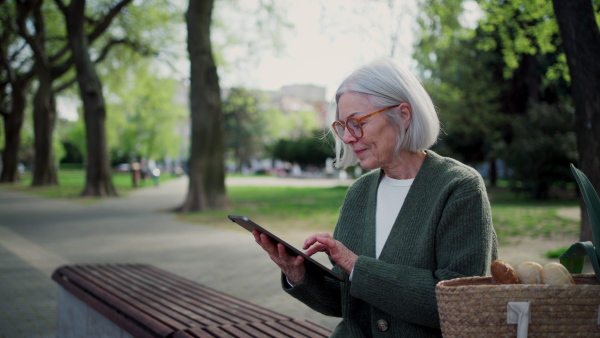 Mature woman sitting on park bench, working on tablet. Beautiful older woman with eyeglasses shopping online while outdoors.