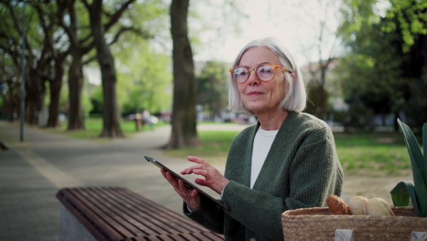 Mature woman sitting on park bench, working on tablet. Beautiful older woman with eyeglasses shopping online while outdoors.