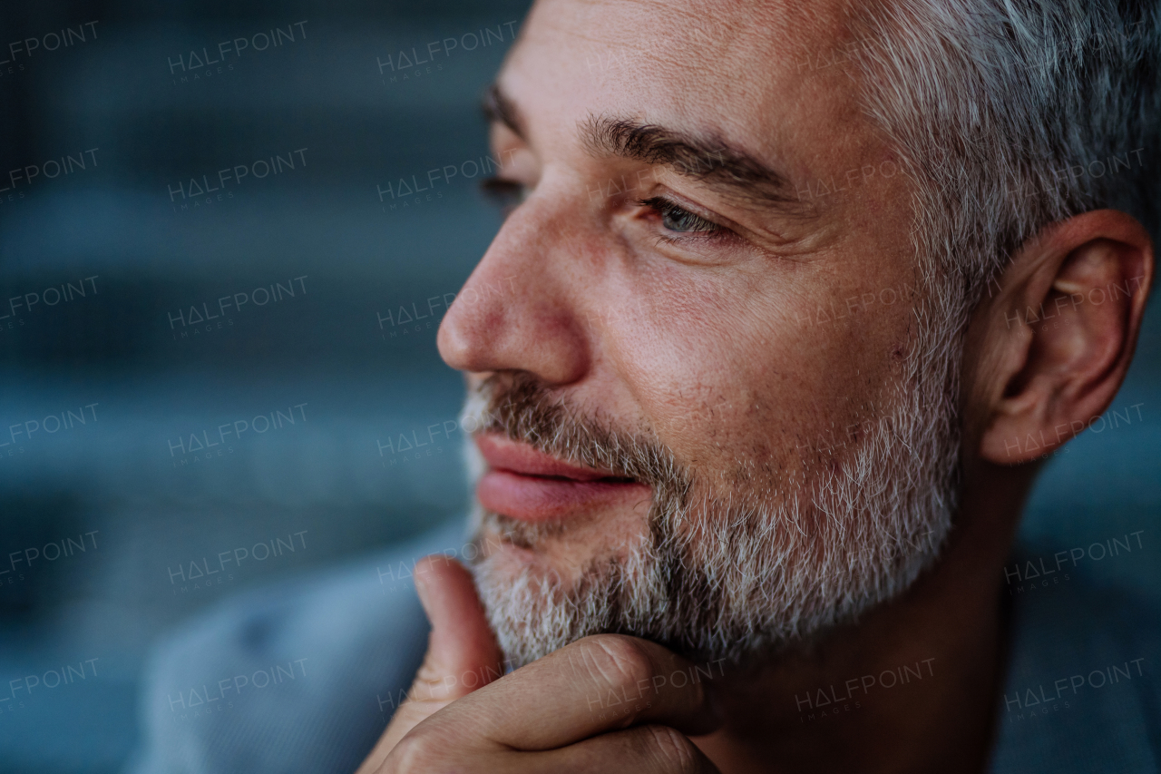 A close-up portrait of handsome businessman touching his beard, looking away and thinking or making some decision.