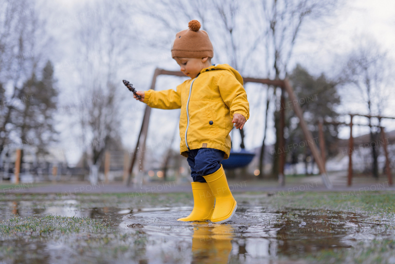 Happy little boy in yellow raincoat jumping in puddle and playing with conifer cone after rain.