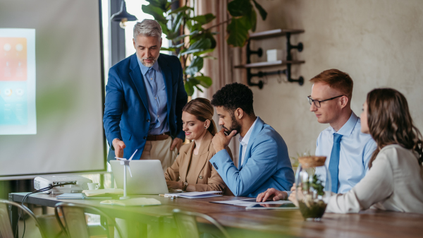 Corporate business team and manager in meeting, discussing renewable energy options for business. Group of men and women sitting in conference room.