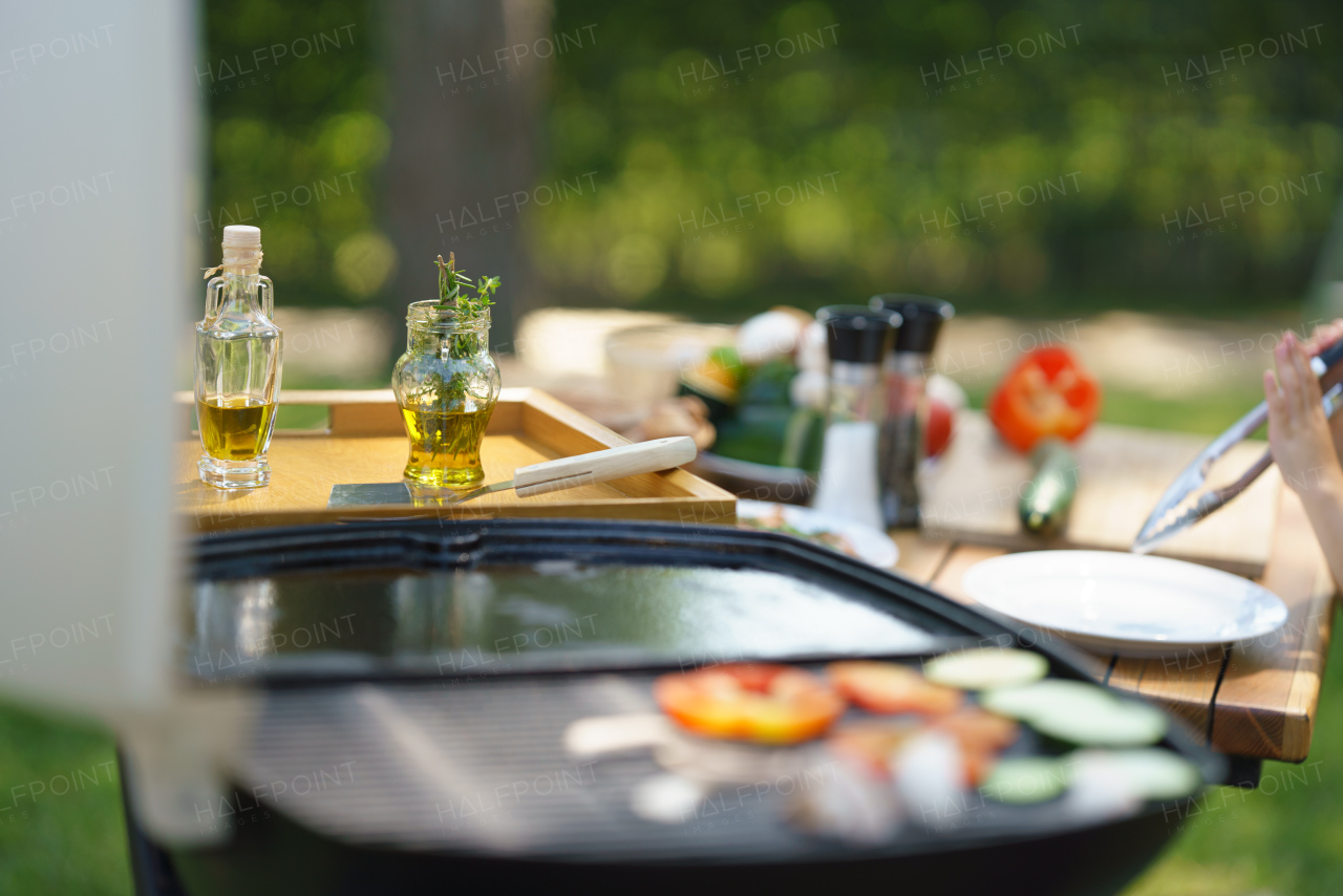 Meat and vegetables grilling on an outdoor grill. Outdoor grill or BBQ party in the garden.