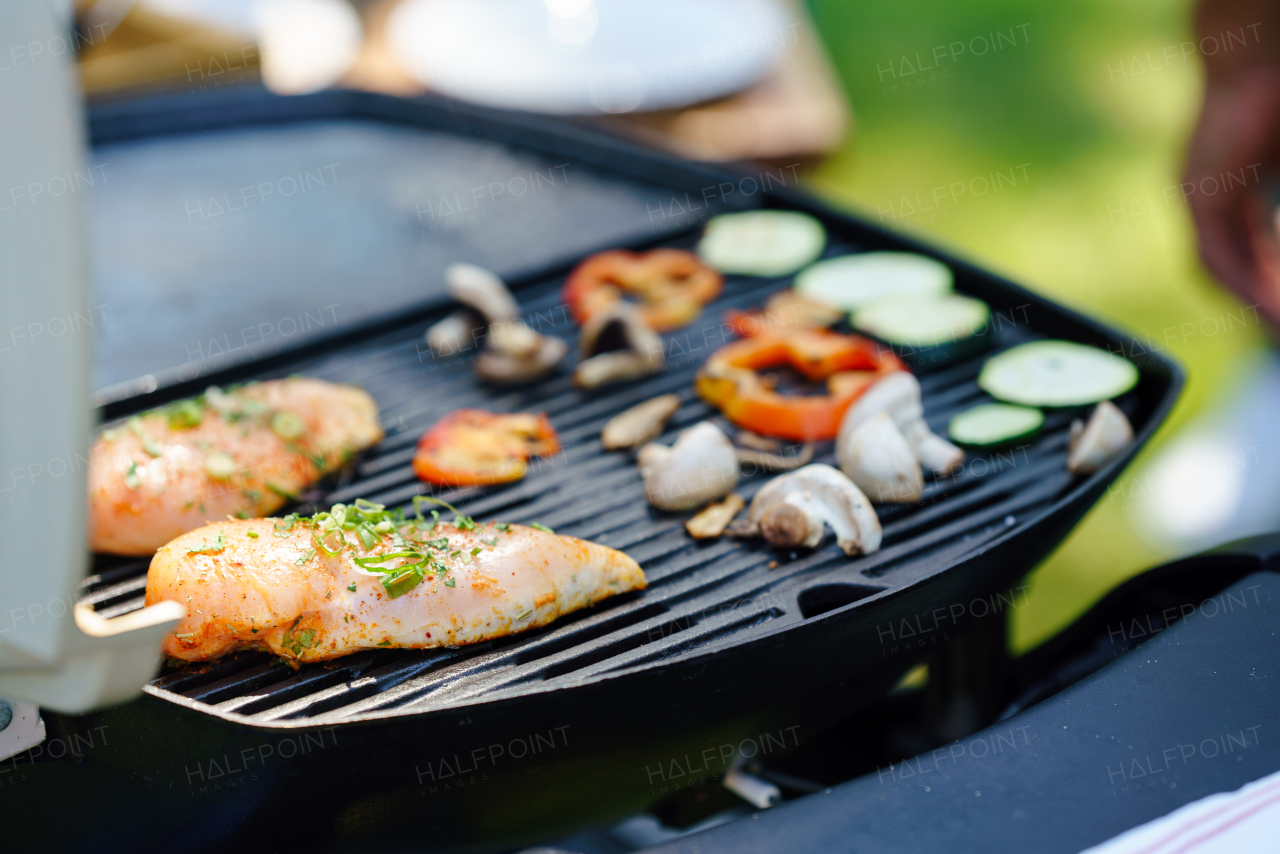 Meat and vegetables grilling on an outdoor grill. Outdoor grill or BBQ party in the garden.