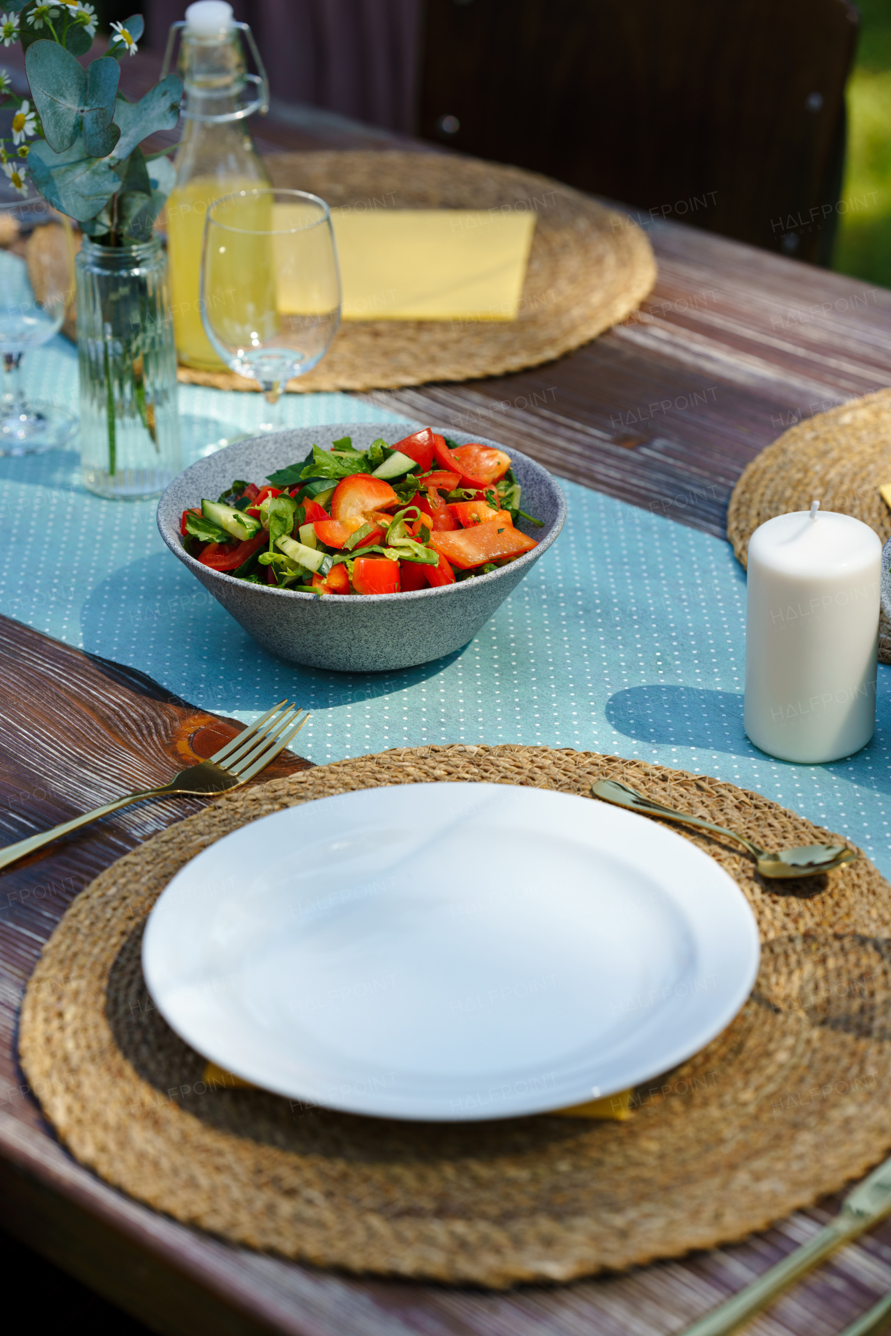 Close up shot of a set table at summer garden party. Garden party table with fresh vegetable salat, glasses, lemonade, fresh fruits and delicate floral decoration.