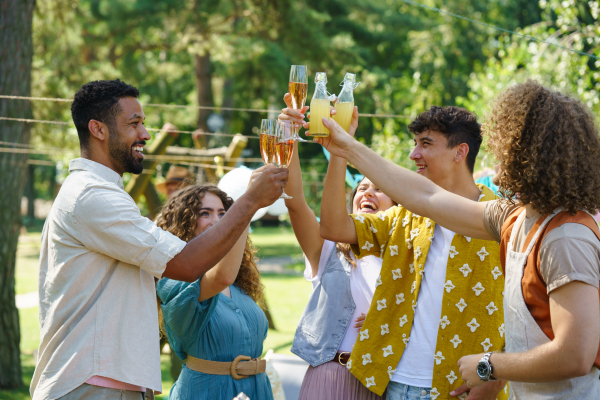 Group of friends clinking glasses at summer garden party.