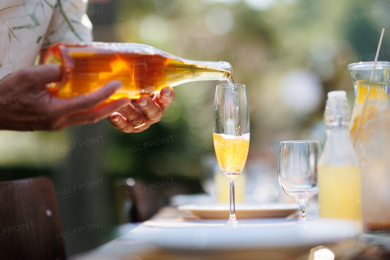 Close up shot of pouring wine at summer garden party. Table setting with glasses, lemonade and bottles of summer wine.