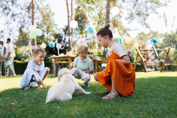 Children playing with a small puppy at a family garden party. Family gathering outdoors during warm autumn day.