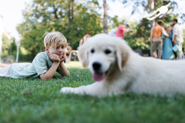 Children playing with a small puppy at a family garden party. Family gathering outdoors during warm autumn day. Portrait of little boy lying on grass with Golden retriever puppy.