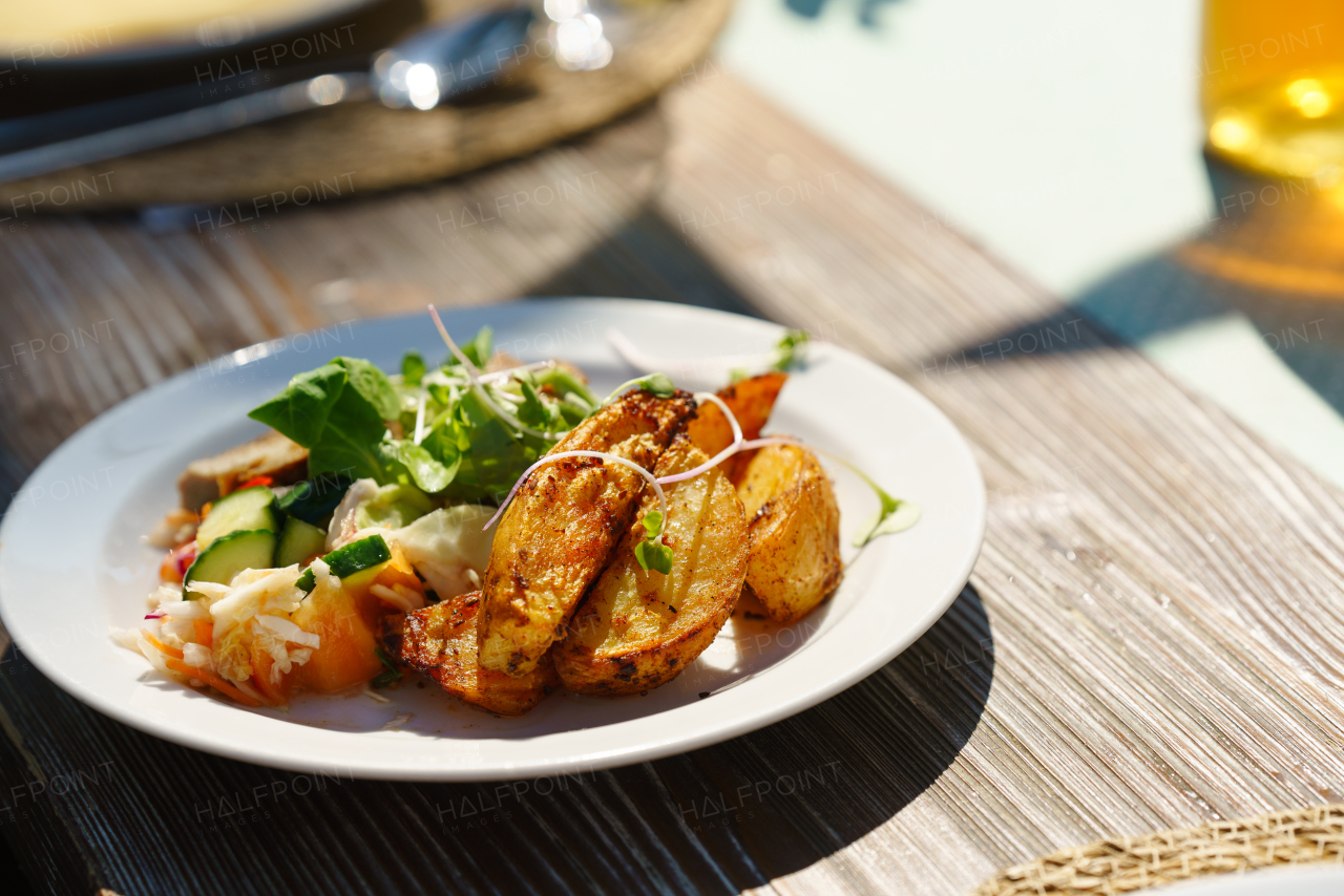 Delicious grilled food with fresh vegetable salad on a plate. Preparing meals and refreshments for a garden party. Outdoor grill or BBQ party.