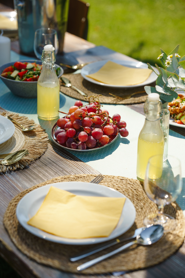 Close up shot of a set table at a summer garden party. Table setting with glasses, lemonade, fresh fruits and salad and delicate floral decoration.