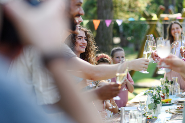 Group of friends clinking glasses at garden party. Celebratory toast at the table.