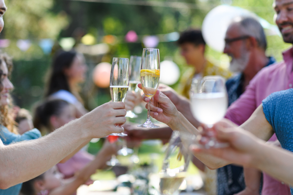 Close up of clinking glasses at summer garden party. Celebratory toast at the table. Big family garden bbq.