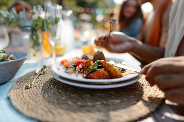 Man eating delicious grilled food with fresh vegetable salad on a plate. Preparing meals and refreshments for a garden party. Outdoor grill or BBQ party.