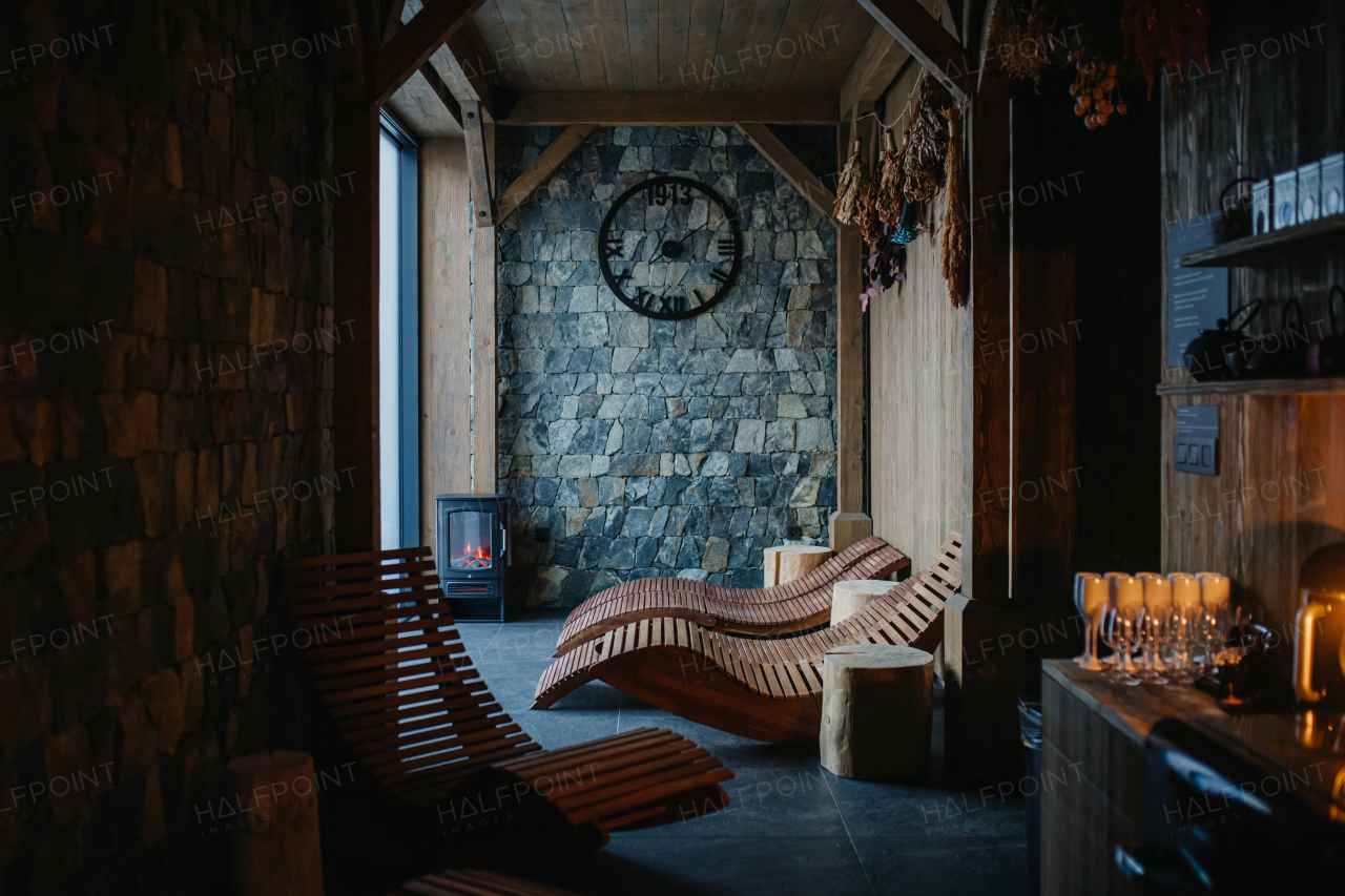 Close up of loungers in relaxation room or quiet room in wellness center. Wellness weekend in spa.