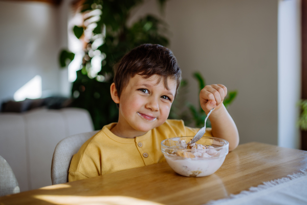 A portrait of a smiling young boy enjoying breakfast in the kitchen at home