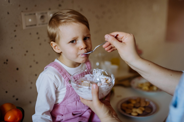 Close-up of mother feeding her little child with yogurt, healthy breakfast concept.