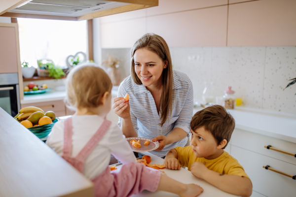 A mother of two little children preparing breakfast in kitchen at home.