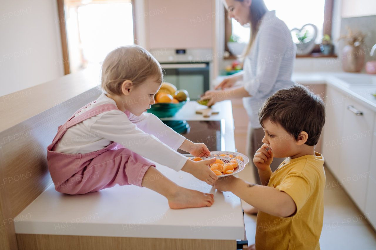 A mother of two little children preparing breakfast in kitchen at home.